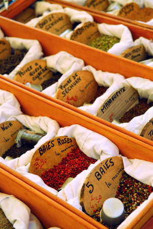 Assorted spices for sale on french farmers market in Perigueux, Franceの写真素材