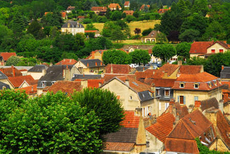 Red rooftops of medieval houses in Sarlat, Dordogne region, France.の写真素材