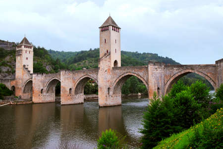 Medieval Valentre bridge in Carhors in southwest Franceの写真素材