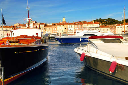 Luxury boats docked in St. Tropez in French Rivieraの写真素材