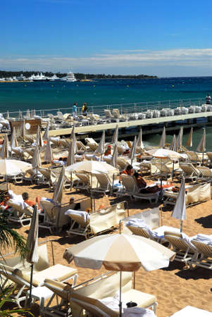 View on the beach from Croisette promenade in Cannes, Franceの写真素材
