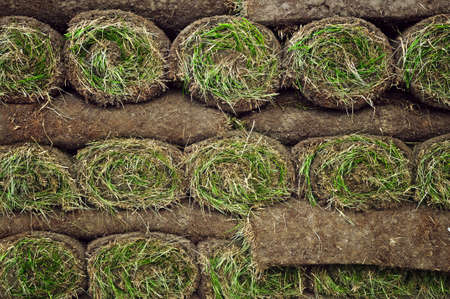 Stack of rolled grass sod or turf for lawns and landscapingの写真素材