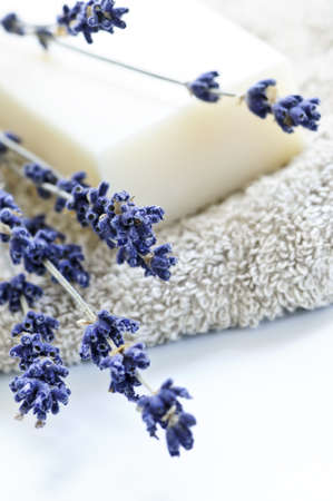Bar of natural aromatherapy soap with dried lavenderの写真素材