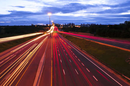 Night traffic on a busy city highway in Torontoの写真素材