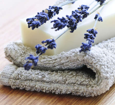 Bar of natural aromatherapy soap with dried lavenderの写真素材