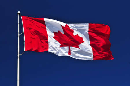 Flag of Canada waving in the wind on blue sky backgroundの写真素材