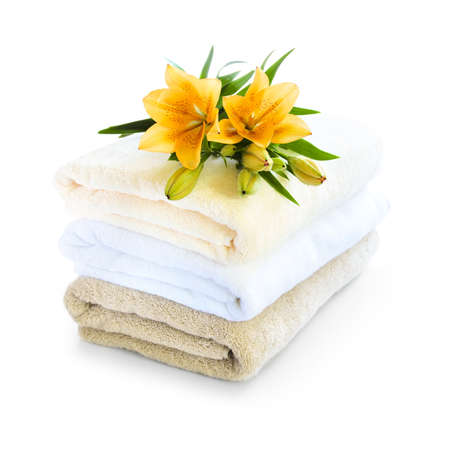 Stack of soft towels isolated on white backgroundの写真素材