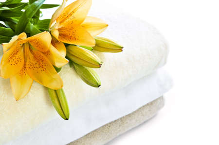 Stack of soft towels isolated on white backgroundの写真素材