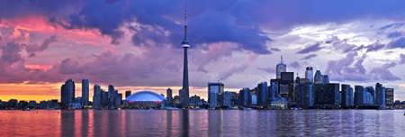 Scenic view at Toronto city waterfront skyline at sunsetの写真素材