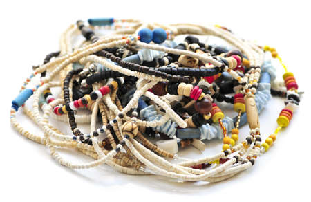 Wood and seashell bead necklaces close upの写真素材
