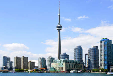 Toronto harbor skyline with CN Tower and skyscrapers