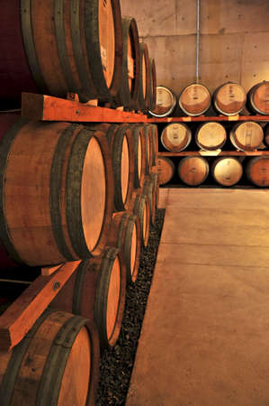 Stacked oak wine barrels in winery cellar