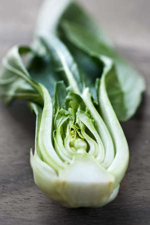 Close up of halved green bok choy vegetable greensの写真素材