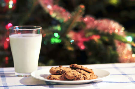 Plate of cookies and glass of milk near Christmas treeの写真素材