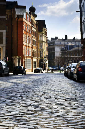 Cobblestone paved street in London on sunny dayの写真素材