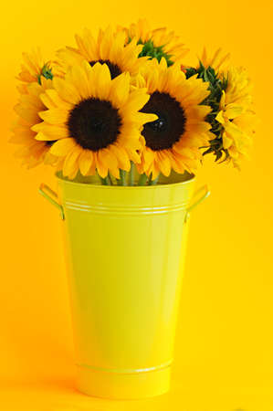 Bouquet of sunflowers in yellow metal vaseの写真素材