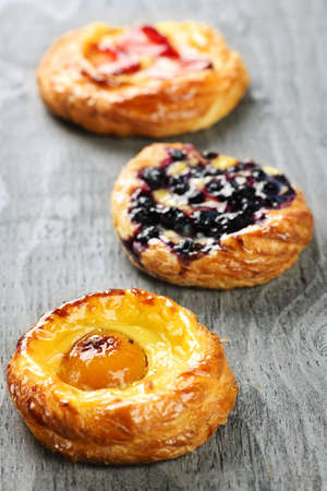 Closeup on three sweet fruit danish desserts