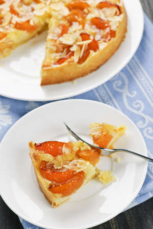 Slice of fresh baked apricot and almond pie dessertの写真素材