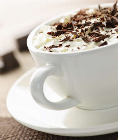 Hot cocoa with shaved chocolate and whipped creamの写真素材