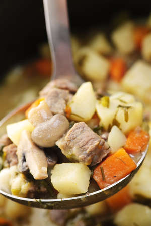 Hearty beef and potatoes stew with vegetables served with ladle