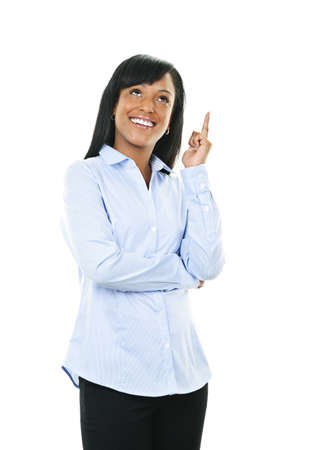 Smiling black woman with idea isolated on white backgroundの写真素材