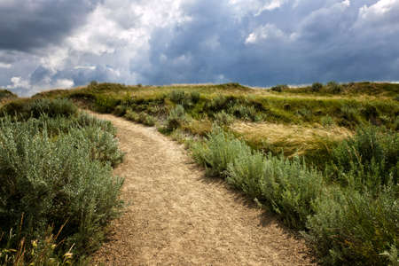 Walking trail in Badlands with dramatic sky in Dinosaur provincial park, Alberta, Canadaの写真素材