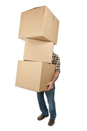 Man lifting stack of cardboard moving boxes isolated on white