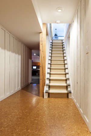 Stairway to finished basement in home interior with wood paneling and cork flooringの写真素材