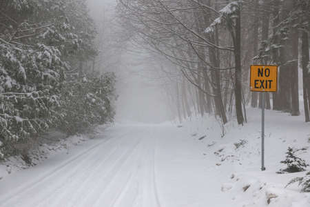 Winter road and trees covered in snow with Yellow No Exit signの写真素材