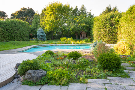 Backyard rock garden with outdoor inground residential private swimming pool and stone patioの写真素材