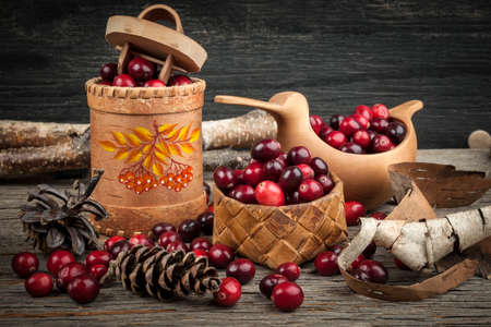 Fresh ripe cranberries in birch bark and wooden traditional containers on rustic dark wood...