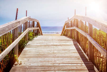 Wooden path over sand dunes with ocean view