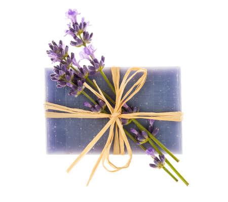 Lavender handmade artisan soap with fresh flowers isolated on white backgroundの写真素材