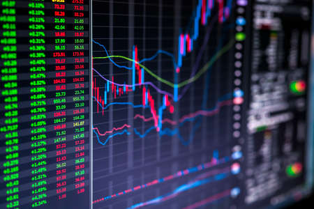 Stock market charts and numbers displayed on trading screen of online investing platformの写真素材