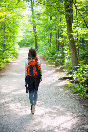 Young woman hiker with backpack walking on hiking trail in sunny summer forest. Hilton Falls conservation area, Ontario, Canada.の写真素材