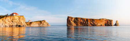 Perce Rock or Rocher Percé view with reflections at Gaspe Peninsula coast in Quebec, Canada.の写真素材