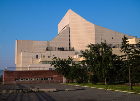 Empty streets near city building. Urban architecture. Big concert hall of Krasnoyarsk. June 10, 2015 Russia. Krasnoyarsk.のeditorial素材