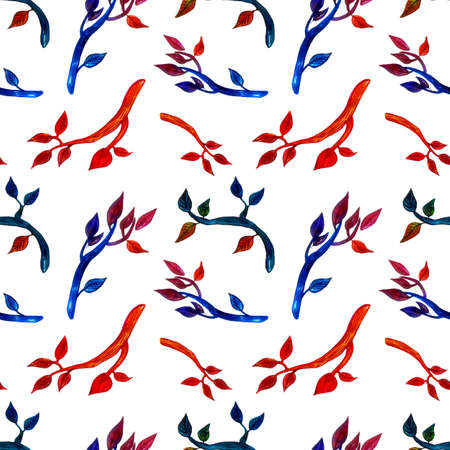 Watercolor seamless pattern with colorful branches and leaves on white background. Hand painted illustration.の写真素材