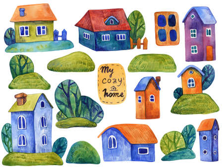 Watercolor collection of cute nice houses and green hills and trees. Isolated elements on white background.の写真素材