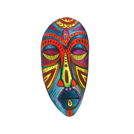 African tribal style mask isolated on white background. Watercolor illustration.の写真素材