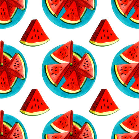 Seamless pattern with watermelons on a blue plate. Watercolor illustration.