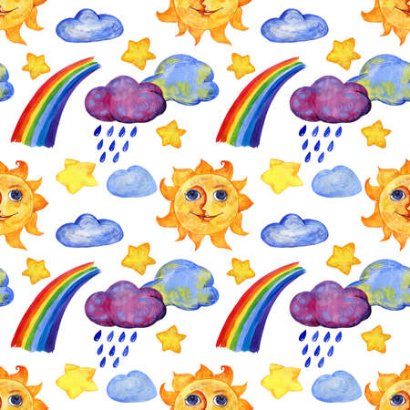 Seamless pattern with weather and sky elements - sun, clouds, stars, rainbow. Watercolor illustration.の写真素材