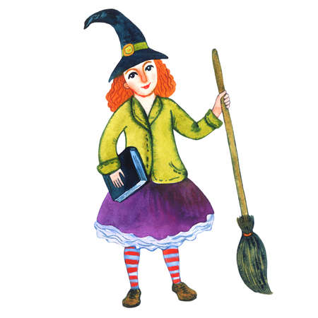 A witch with a broom and a book. Isolated element on white background. Watercolor illustration.の写真素材
