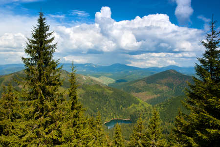 Landscape with clouds, mountains, spruce, lake and blue sky. Carpathians, Ukraine. の写真素材