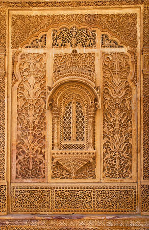 Carved window in Mandir Palace, Jaisalmer, Rajasthan, Indiaの写真素材