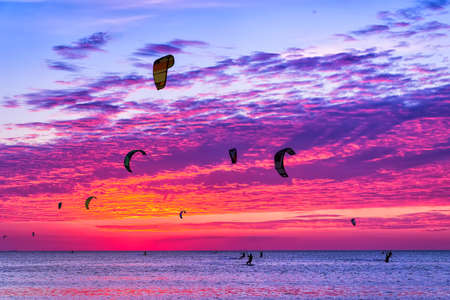 Kite-surfing against a beautiful sunset. Many silhouettes of kites in the sky. Holidays on nature. Artistic picture. Beauty world.の写真素材