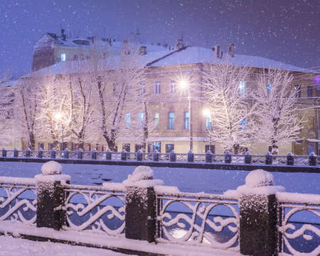 Amazing winter night landscape of buildings with snowy trees and shining lights during the snowfall. Artistic picture. Beauty world.の写真素材