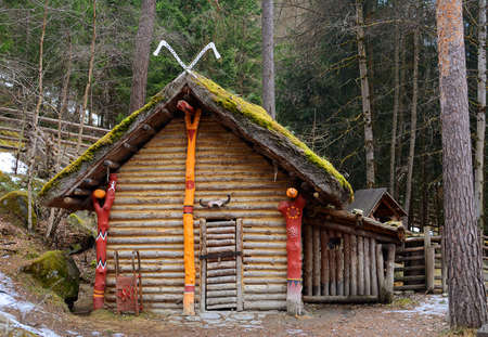 Wooden house in museum in the open air, Umhausen, Austriaのeditorial素材