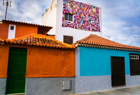 Colourful houses on street in Puerto de la Cruz town, Tenerife, Canary Islands, Spain.