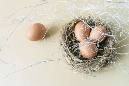 Easter nest made of hay with brown chicken eggs, grass on a light yellow background is the concept of the Holy Easter holiday.の写真素材
